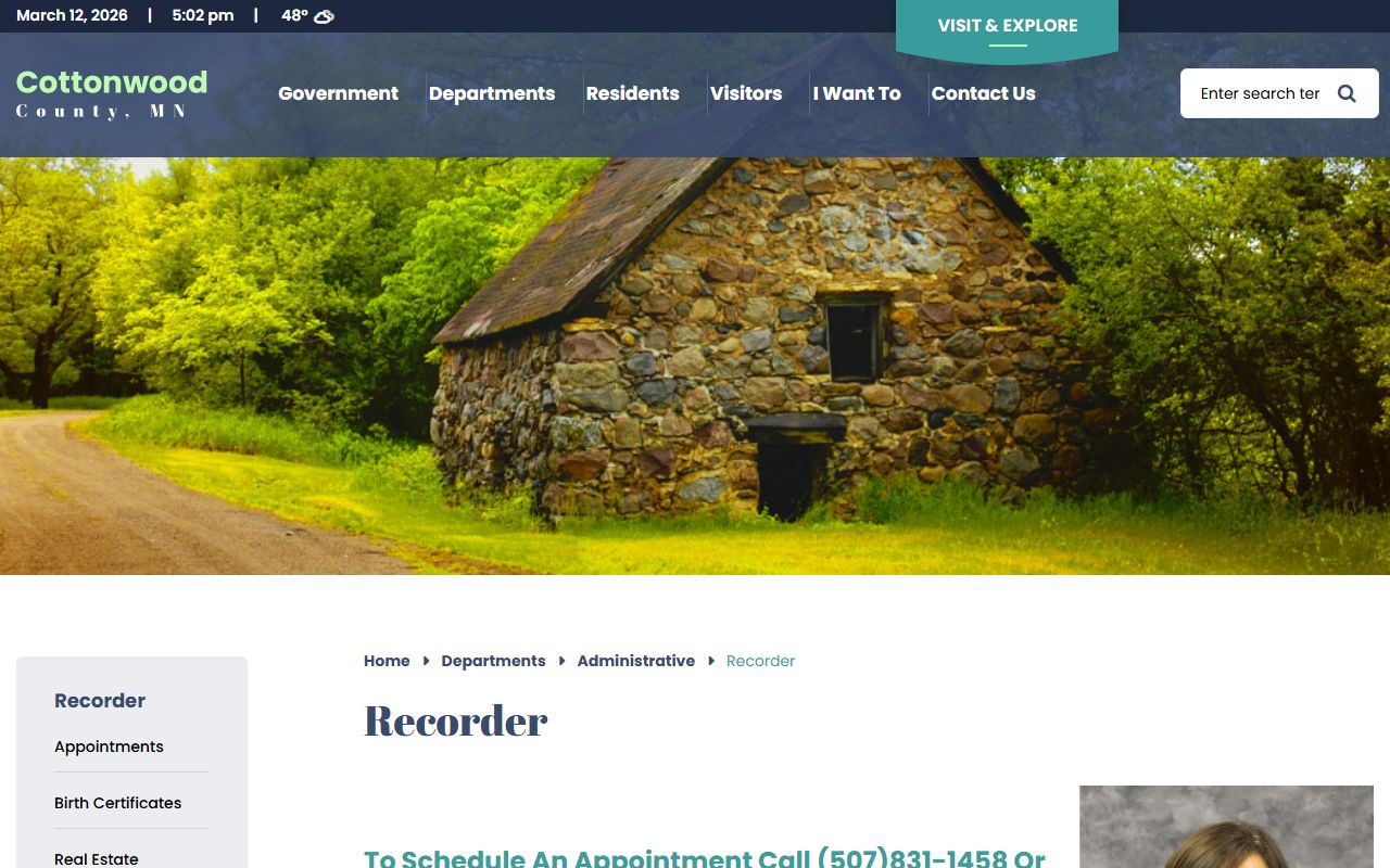 Cottonwood County Recorder's office page showing recording services and contact information