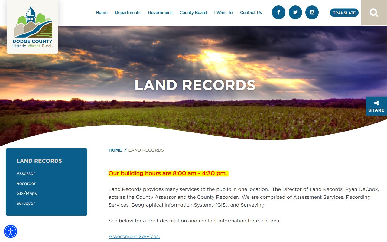 Dodge County Land Records office page showing deed recording and abstracting services