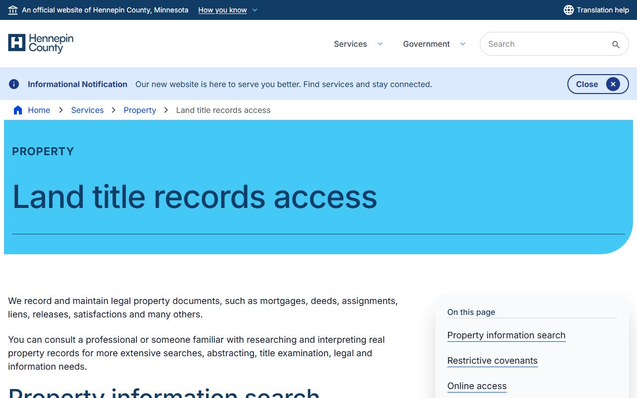 Hennepin County Land Title Records page showing access options for deed records