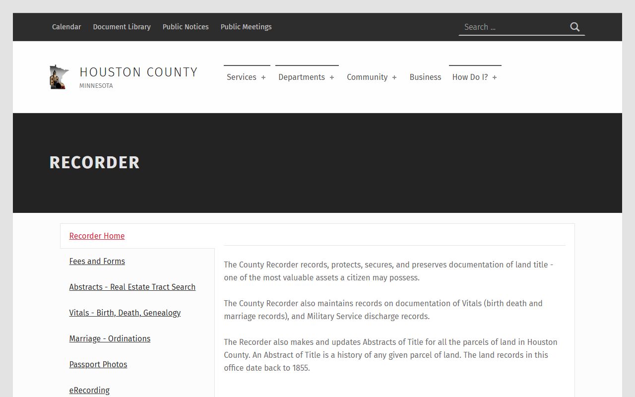 Houston County Recorder's office page showing eRecording and recording services