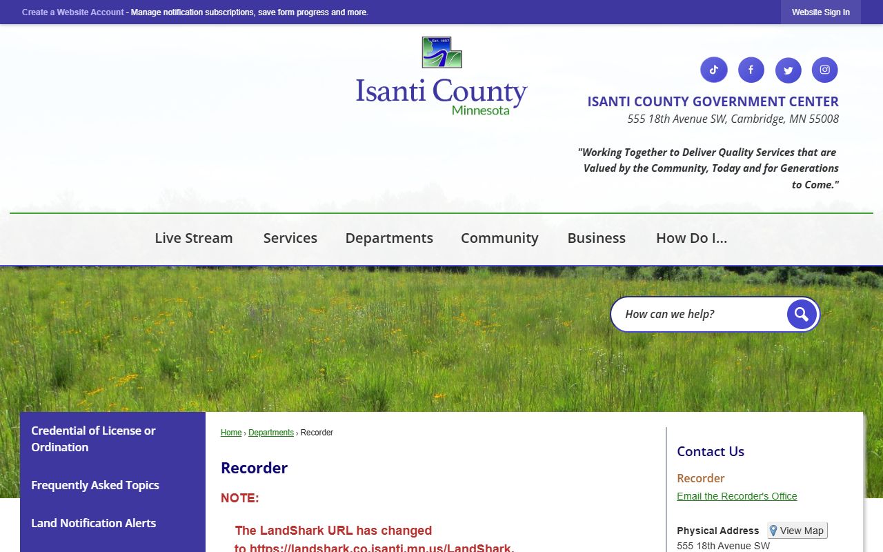 Isanti County Recorder's office page with LandShark access and recording services