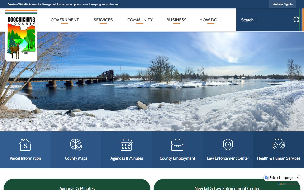 Koochiching County Recorder website showing deed records and county services