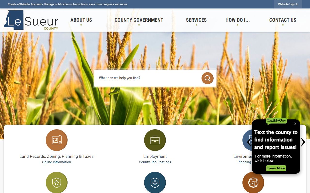 Le Sueur County Recorder website showing deed records and property services