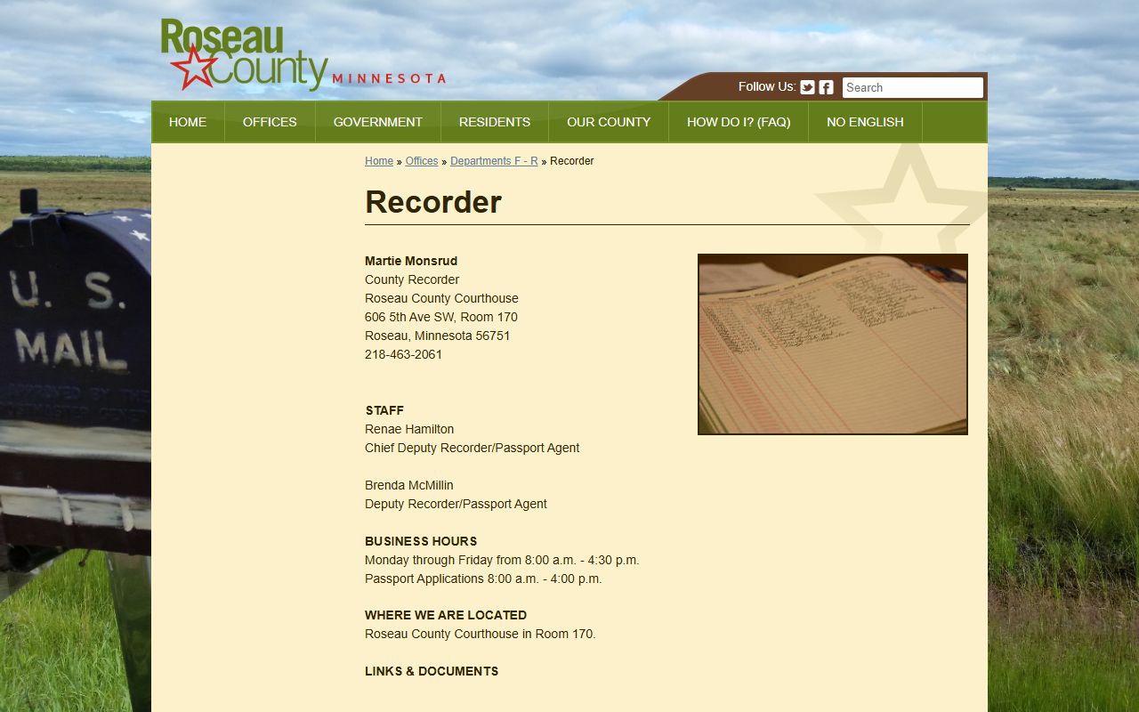 Roseau County Recorder's office page for deed records and land documents
